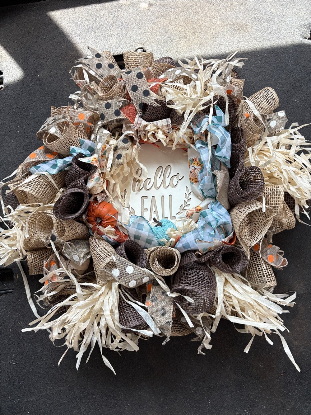 Hello Fall Burlap and Ribbon Holiday Wreath - Blue, Brown, Cream